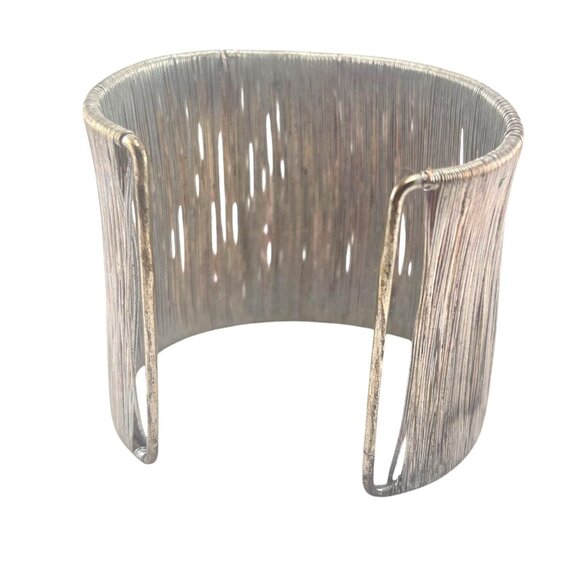 Hollywood Sensation Silver Wire 1980s Cage Cuff Bangle BraceletWide Textured Sil - Picture 7 of 8